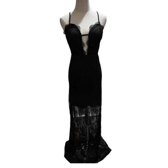 Lovers + Friends Nickolas Plunging Front Black Lace Overlay Maxi dress Sm New - Picture 4 of 15